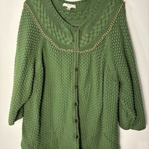 Liz Claiborne Green Textured Cardigan with Chain Accent